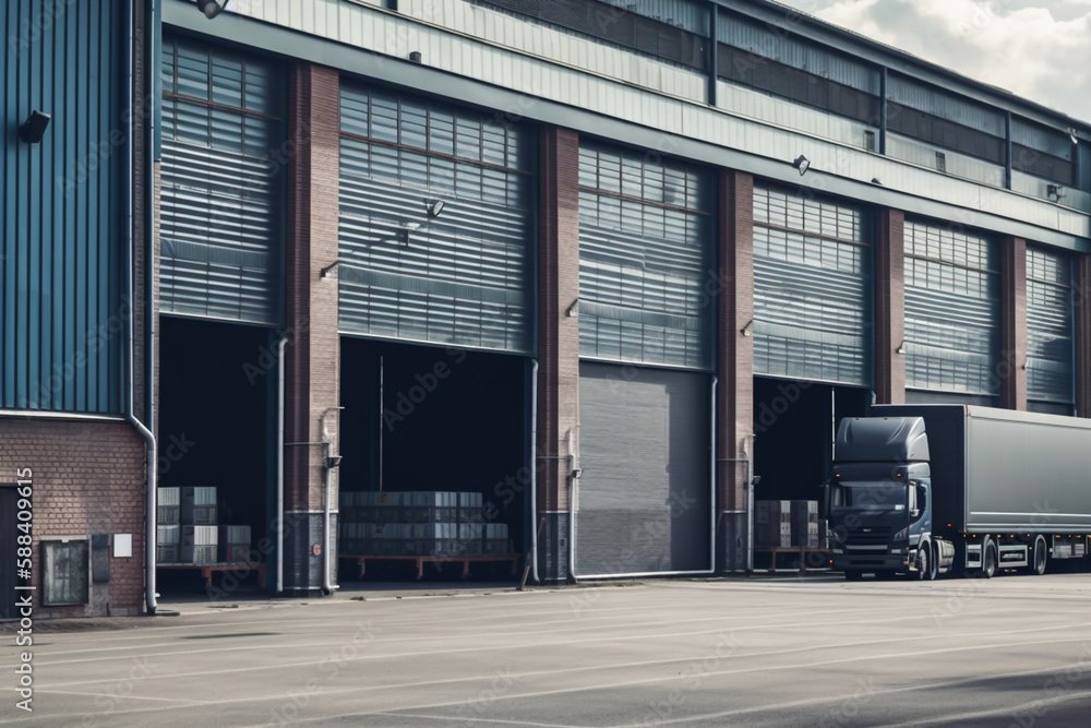 Facade of an industrial building and warehouse, generative ai